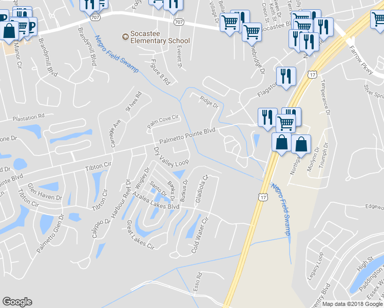 map of restaurants, bars, coffee shops, grocery stores, and more near 125 Dry Valley Loop in Myrtle Beach