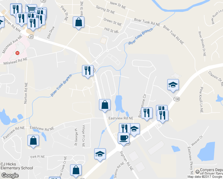 map of restaurants, bars, coffee shops, grocery stores, and more near 1318 Brookstone Lake Drive in Conyers