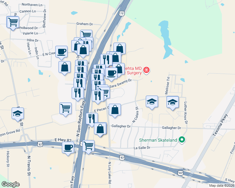 map of restaurants, bars, coffee shops, grocery stores, and more near 3701 North Loy Lake Road in Sherman