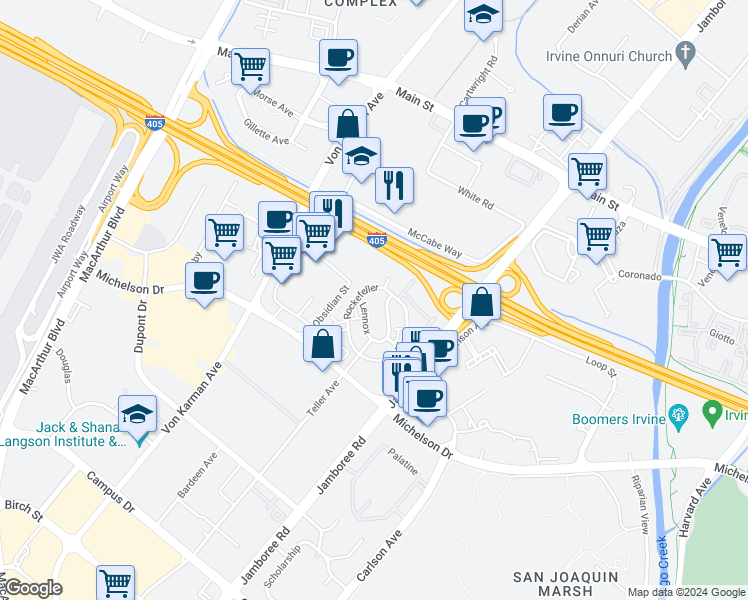 map of restaurants, bars, coffee shops, grocery stores, and more near in Irvine