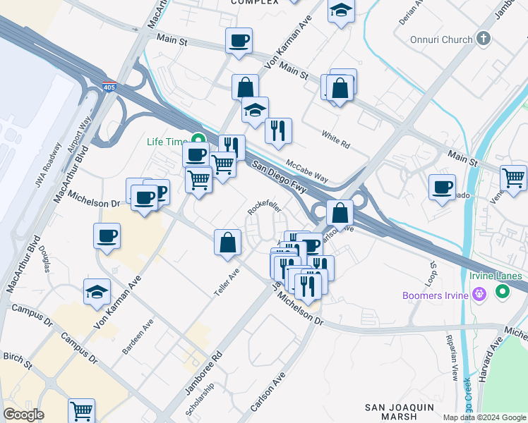 map of restaurants, bars, coffee shops, grocery stores, and more near in Irvine