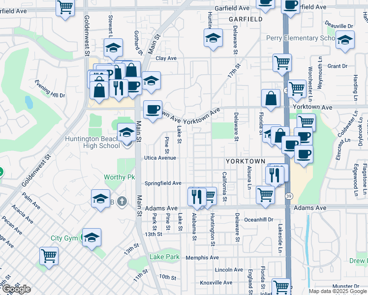 map of restaurants, bars, coffee shops, grocery stores, and more near 1922 Lake Street in Huntington Beach
