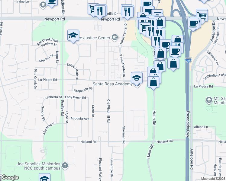 map of restaurants, bars, coffee shops, grocery stores, and more near 30540 Old Windmill Road in Menifee