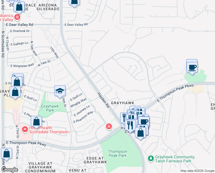 map of restaurants, bars, coffee shops, grocery stores, and more near 7926 East Thunderhawk Road in Scottsdale