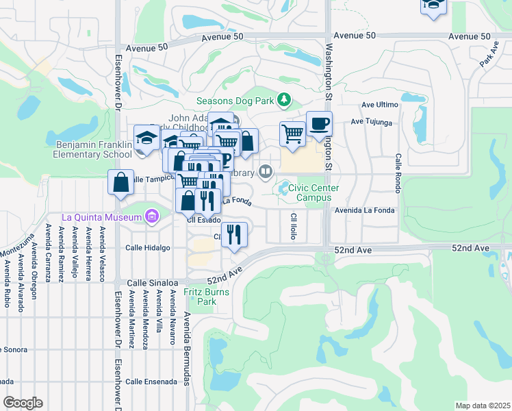 map of restaurants, bars, coffee shops, grocery stores, and more near 78200 Avenida La Fonda in La Quinta