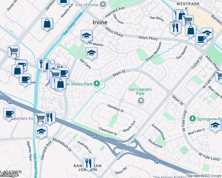 map of restaurants, bars, coffee shops, grocery stores, and more near 18 Trapani in Irvine