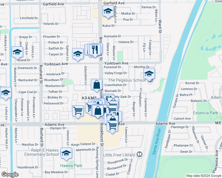 map of restaurants, bars, coffee shops, grocery stores, and more near 10091 Bismark Drive in Huntington Beach