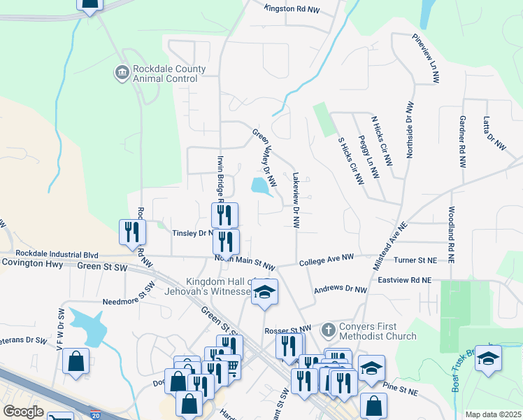 map of restaurants, bars, coffee shops, grocery stores, and more near 885 Green Valley Drive Northwest in Conyers
