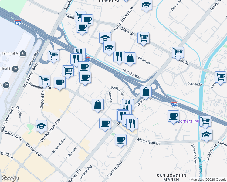 map of restaurants, bars, coffee shops, grocery stores, and more near in Irvine
