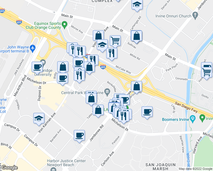 map of restaurants, bars, coffee shops, grocery stores, and more near in Irvine