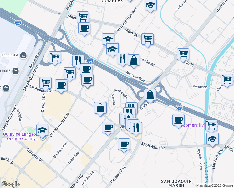 map of restaurants, bars, coffee shops, grocery stores, and more near 402 Rockefeller in Irvine
