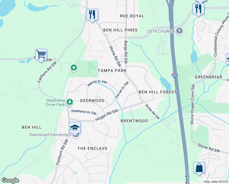 map of restaurants, bars, coffee shops, grocery stores, and more near 3640 Narron Drive Southwest in Atlanta