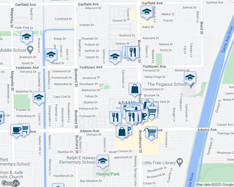map of restaurants, bars, coffee shops, grocery stores, and more near 9801 Garrett Circle in Huntington Beach