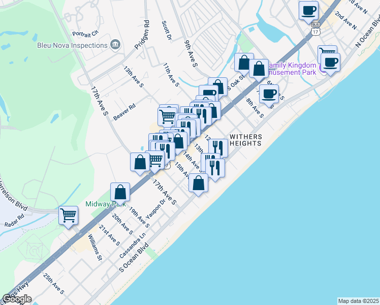 map of restaurants, bars, coffee shops, grocery stores, and more near 408 14th Avenue South in Myrtle Beach