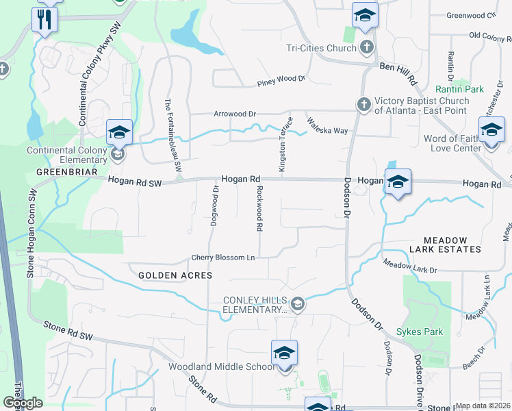 map of restaurants, bars, coffee shops, grocery stores, and more near 2895 Rockwood Road in East Point