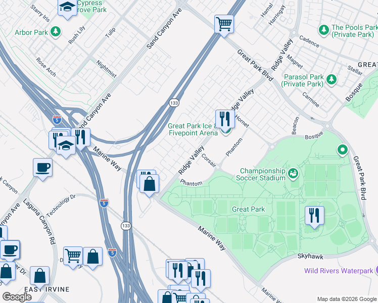 map of restaurants, bars, coffee shops, grocery stores, and more near 152 Burgess in Irvine