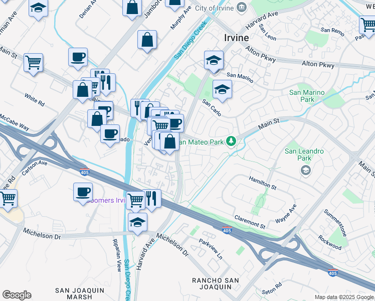 map of restaurants, bars, coffee shops, grocery stores, and more near 50 Almador in Irvine