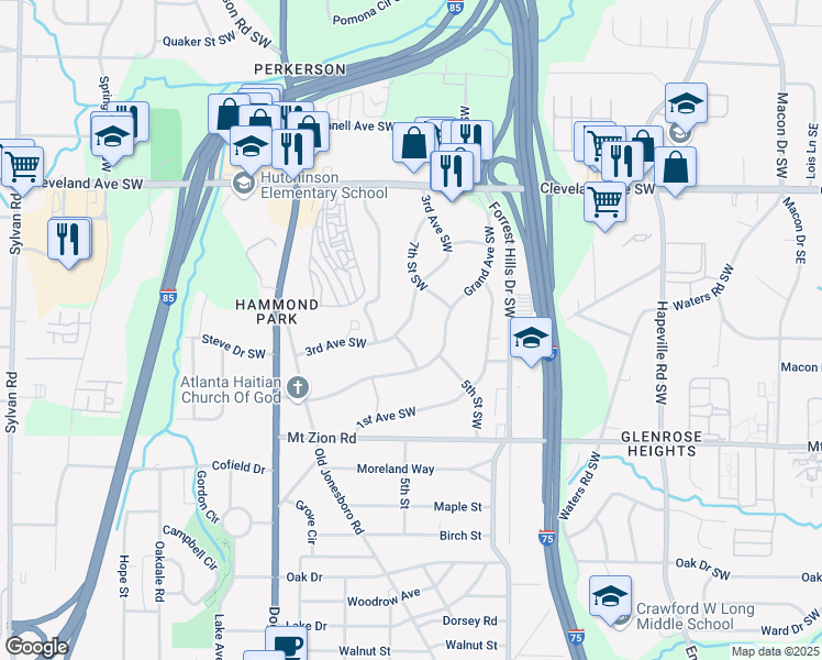 map of restaurants, bars, coffee shops, grocery stores, and more near 2860 3rd Avenue Southwest in Atlanta