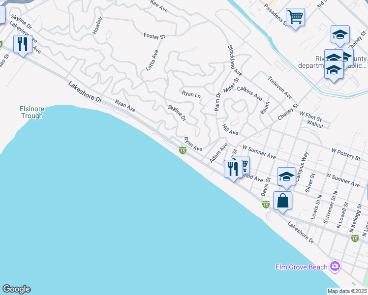 map of restaurants, bars, coffee shops, grocery stores, and more near Benedict Avenue in Lake Elsinore