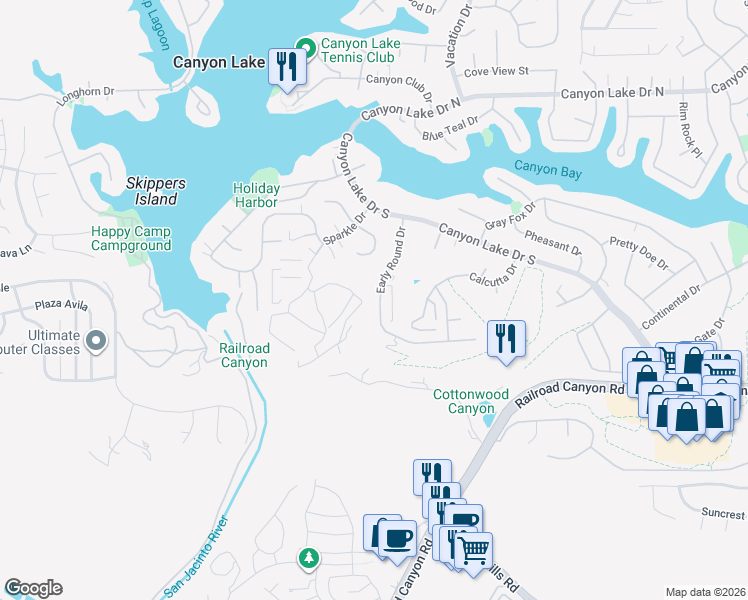 map of restaurants, bars, coffee shops, grocery stores, and more near 30517 Early Round Drive in Canyon Lake