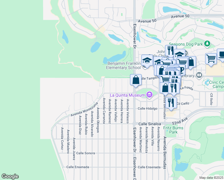 map of restaurants, bars, coffee shops, grocery stores, and more near 51240 Avenue Ramirez in La Quinta