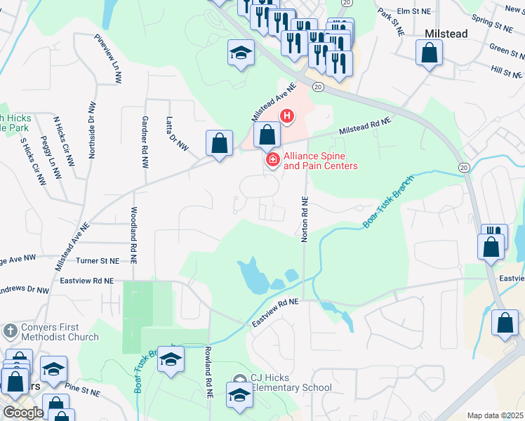 map of restaurants, bars, coffee shops, grocery stores, and more near 110 Wellbrook Court Northeast in Conyers
