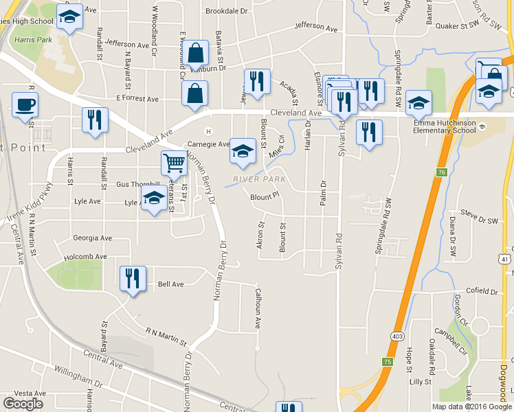 map of restaurants, bars, coffee shops, grocery stores, and more near 2837 Harlan Drive in East Point