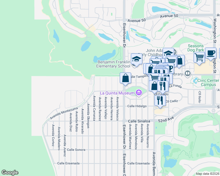 map of restaurants, bars, coffee shops, grocery stores, and more near 51219 Avenue Herrera in La Quinta