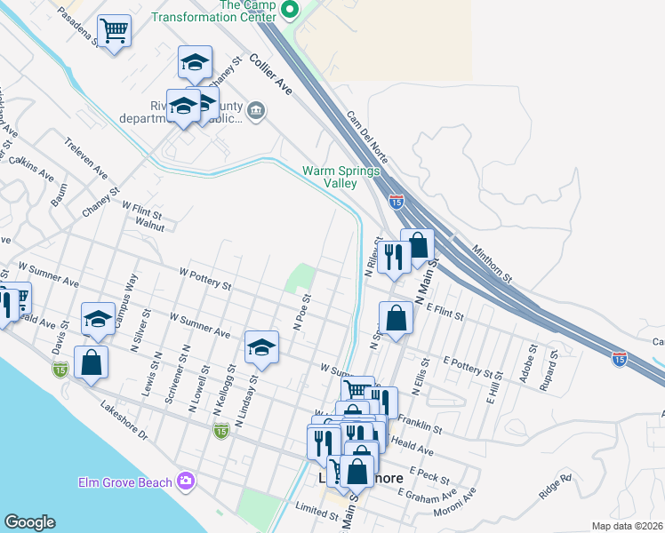 map of restaurants, bars, coffee shops, grocery stores, and more near 401 West Flint Street in Lake Elsinore