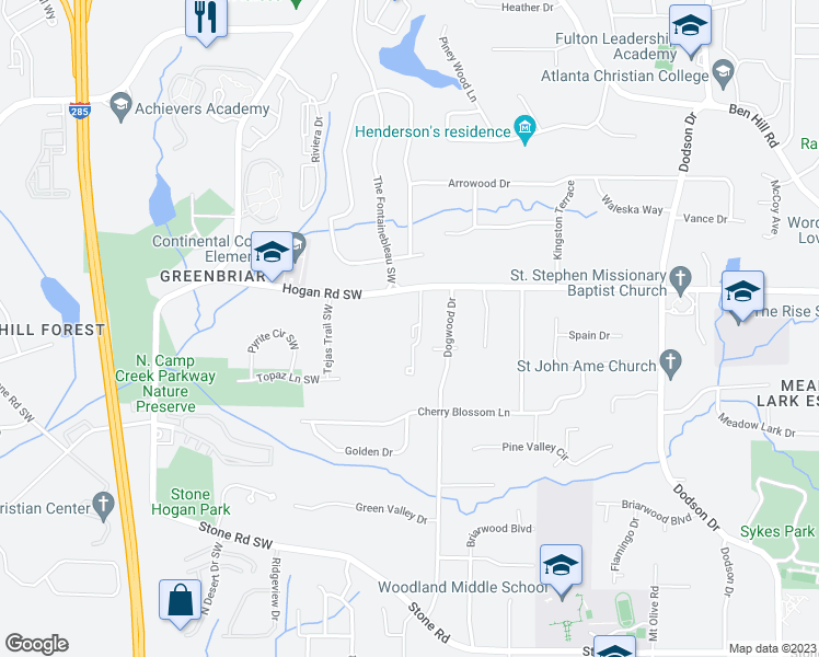 map of restaurants, bars, coffee shops, grocery stores, and more near 5 Pine Canyon Drive Southwest in Atlanta