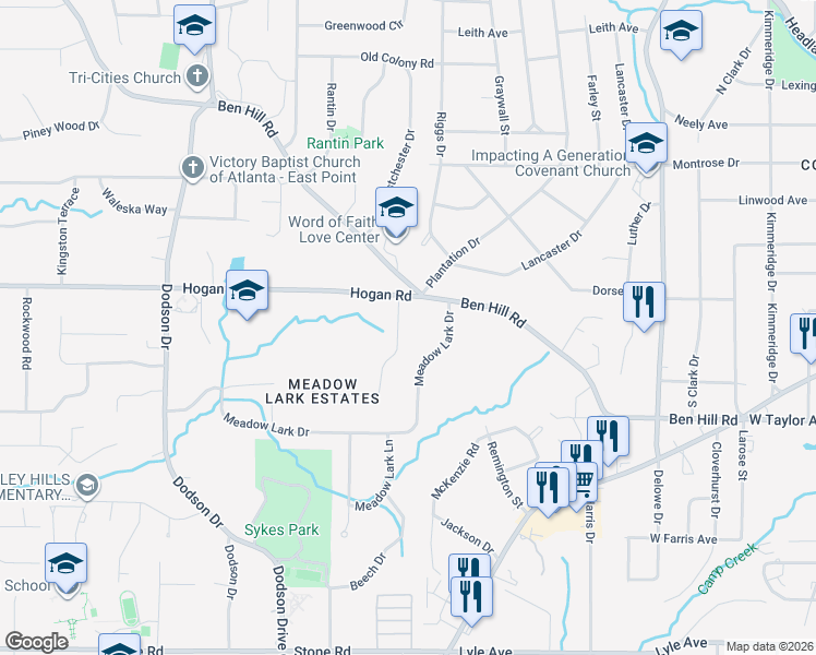 map of restaurants, bars, coffee shops, grocery stores, and more near 2404 Hogan Road in East Point