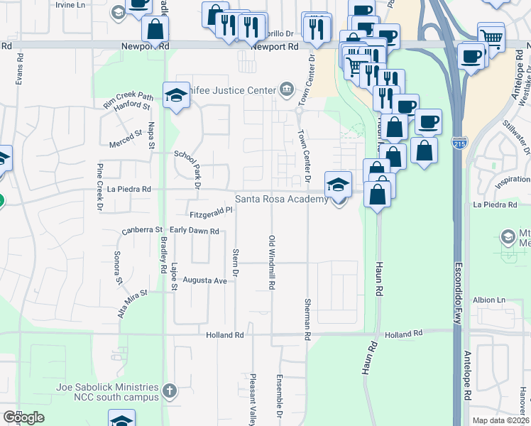 map of restaurants, bars, coffee shops, grocery stores, and more near 30581 Old Windmill Road in Menifee