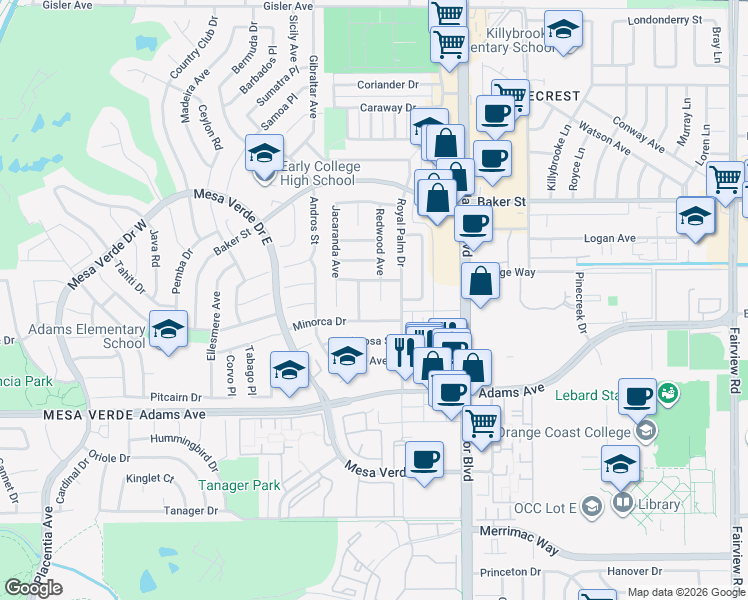 map of restaurants, bars, coffee shops, grocery stores, and more near 2912 Redwood Avenue in Costa Mesa