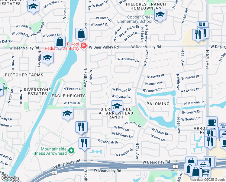 map of restaurants, bars, coffee shops, grocery stores, and more near 7269 West Firebird Drive in Glendale