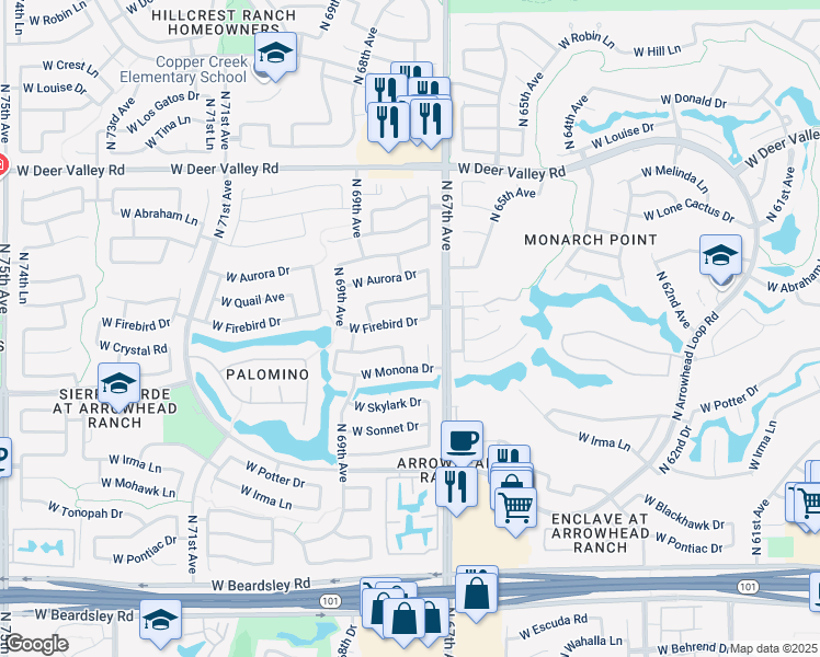 map of restaurants, bars, coffee shops, grocery stores, and more near 6775 West Firebird Drive in Glendale
