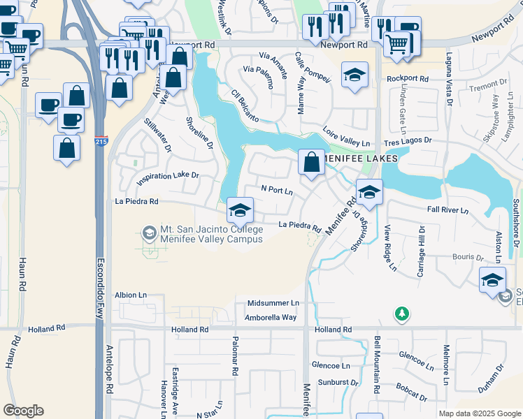 map of restaurants, bars, coffee shops, grocery stores, and more near 28594 Moon Shadow Drive in Menifee