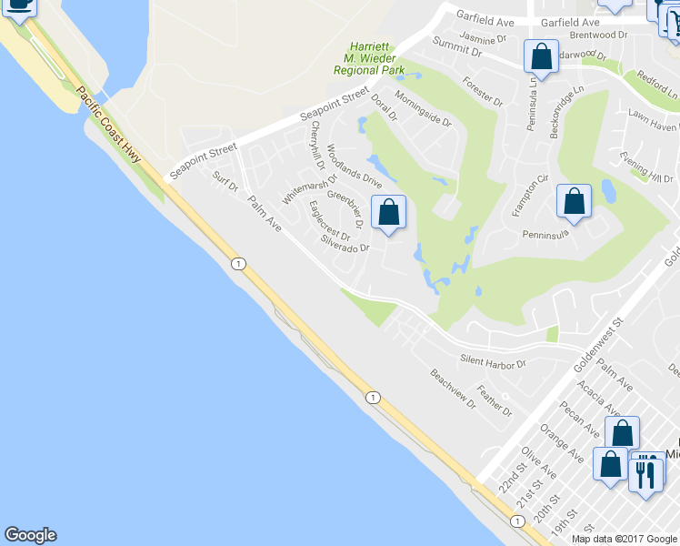 map of restaurants, bars, coffee shops, grocery stores, and more near 6182 Fernwood Dr in Huntington Beach