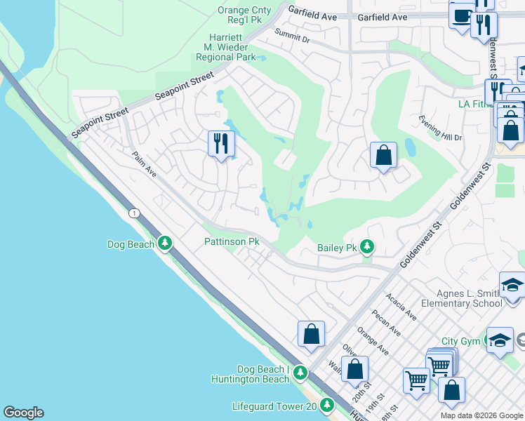 map of restaurants, bars, coffee shops, grocery stores, and more near 6371 Turnberry Circle in Huntington Beach