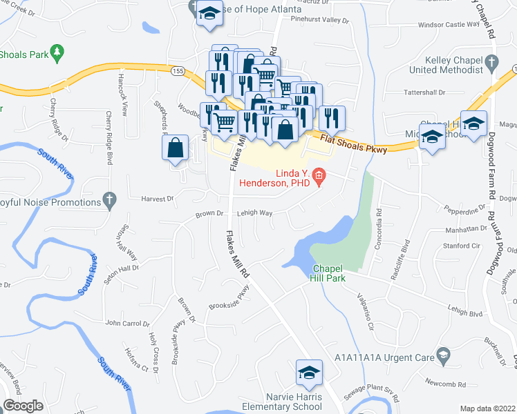 map of restaurants, bars, coffee shops, grocery stores, and more near 3549 Lehigh Way in Decatur