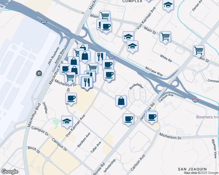map of restaurants, bars, coffee shops, grocery stores, and more near 18420 Von Karman Avenue in Irvine