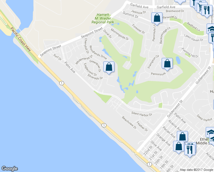 map of restaurants, bars, coffee shops, grocery stores, and more near 6272 Turnberry Circle in Huntington Beach