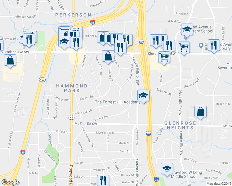 map of restaurants, bars, coffee shops, grocery stores, and more near 2871 Grand Avenue Southwest in Atlanta