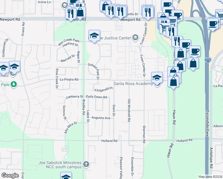 map of restaurants, bars, coffee shops, grocery stores, and more near 30604 Glaspell Court in Menifee