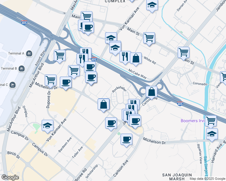 map of restaurants, bars, coffee shops, grocery stores, and more near 505 Rockefeller in Irvine
