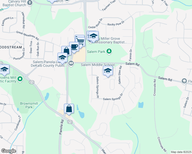 map of restaurants, bars, coffee shops, grocery stores, and more near 5289 Salem Springs Place in Stonecrest