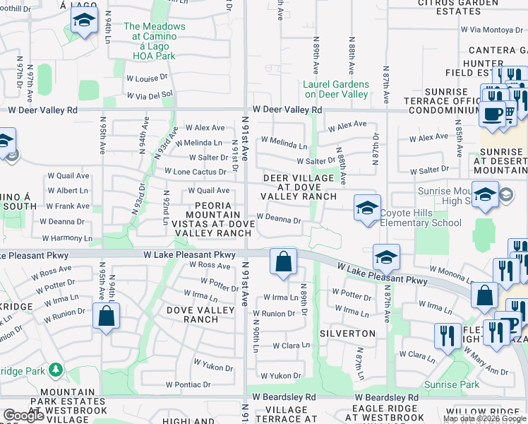 map of restaurants, bars, coffee shops, grocery stores, and more near 9020 West Deanna Drive in Peoria