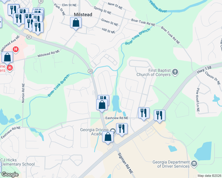 map of restaurants, bars, coffee shops, grocery stores, and more near 1318 Brookstone Lake Drive in Conyers