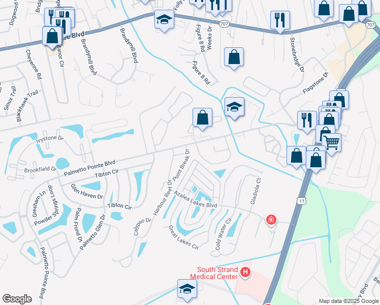 map of restaurants, bars, coffee shops, grocery stores, and more near 105 Point Break Drive in Myrtle Beach