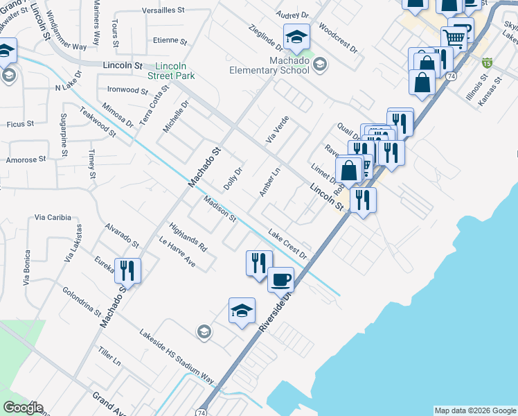 map of restaurants, bars, coffee shops, grocery stores, and more near 1072 Amber Lane in Lake Elsinore