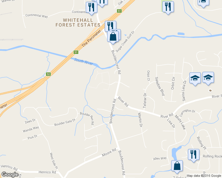 map of restaurants, bars, coffee shops, grocery stores, and more near 3631 Boulder Ridge Court in Ellenwood